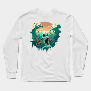 sea ​​kraken skull covering itself between waves, colorfull Long Sleeve T-Shirt